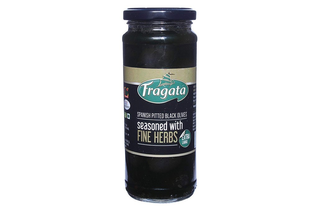 Fragata Spanish Pitted Black Olives, Seasoned With Fine Herbs   Glass Jar  330 grams